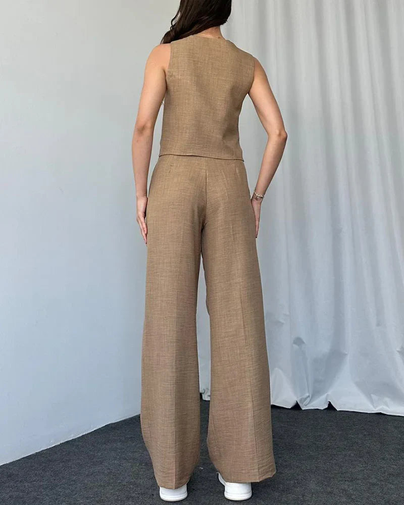 Helena - Solid color casual vest two-piece set.