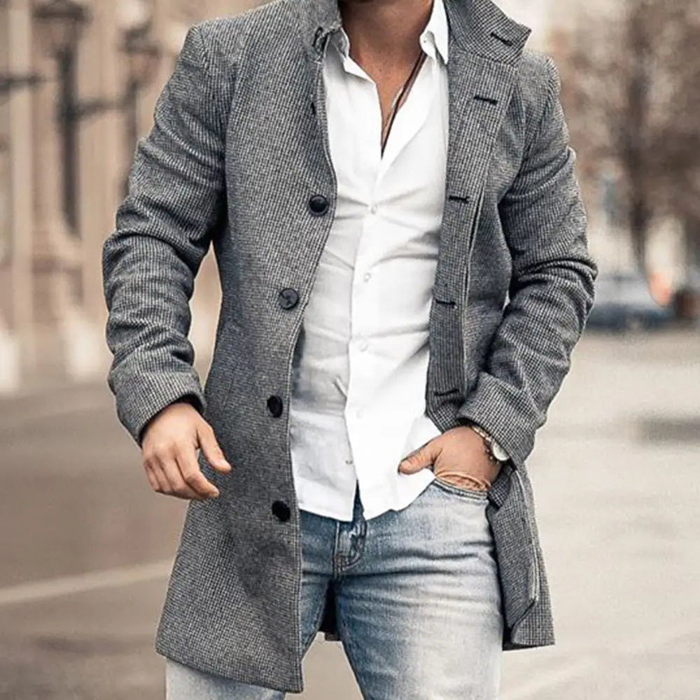 Men's Classic Mid-Length Coat with Lapel and Buttons – Ideal for Work