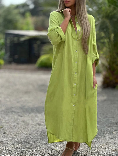 Frida - Women's Casual Solid Color Button Front Shirt Dress