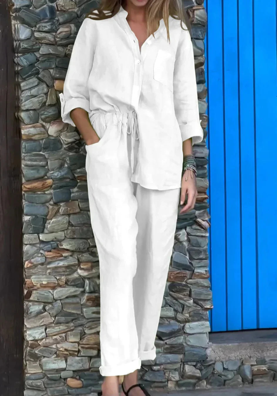 Michelle - Casual Two-Piece Cotton Linen V-Neck Top and Solid Color V-Neck Shirt Set