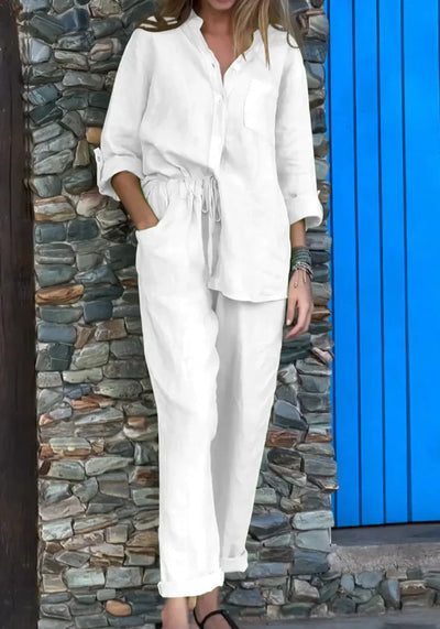 Michelle - Casual Two-Piece Cotton Linen V-Neck Top and Solid Color V-Neck Shirt Set