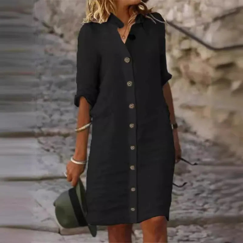 Amalie - Elegant Midi Dress with Front Button Placket for Casual and Women's Wear