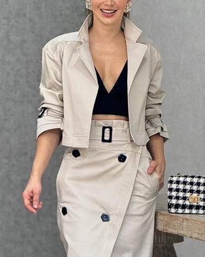 Two-piece set with long-sleeved lapel jacket and solid-color midi skirt