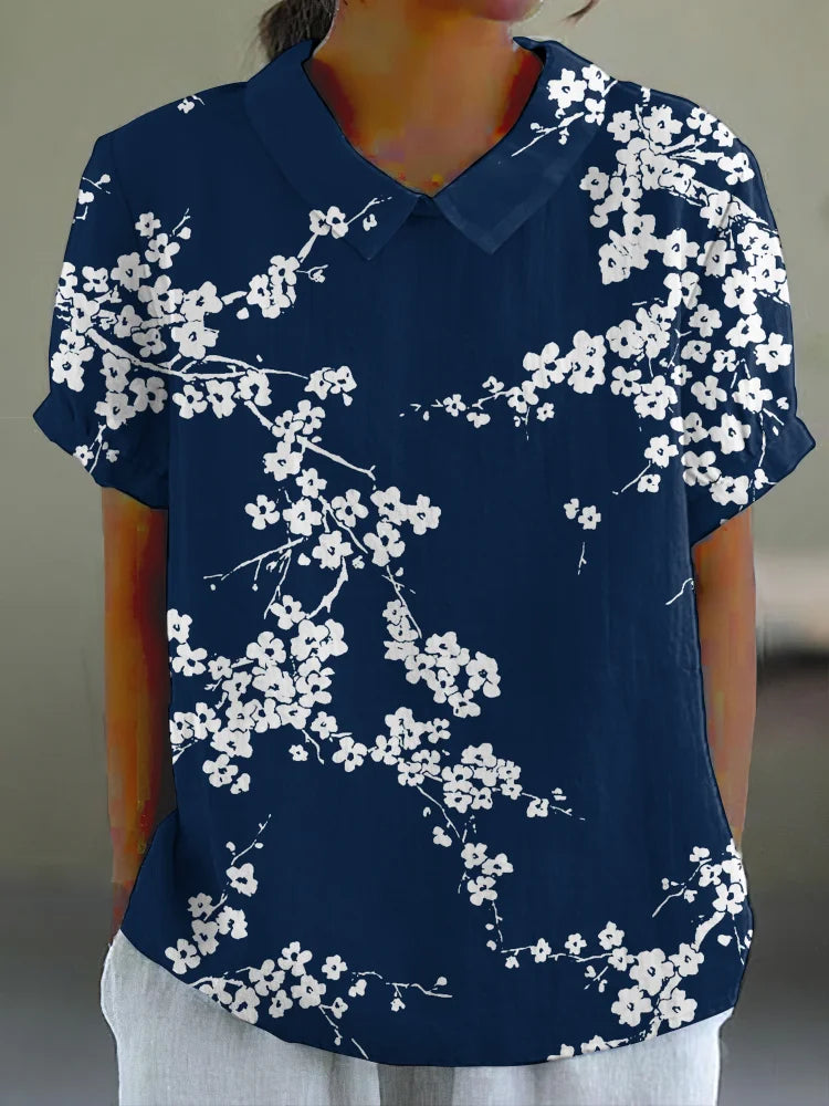 Liva - Casual Shirt with Japanese Cherry Blossom Print