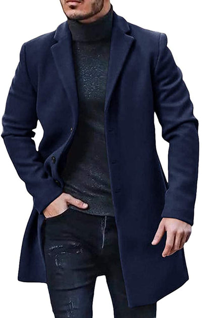 Elegant men's long winter coat in dark blue with buttons
