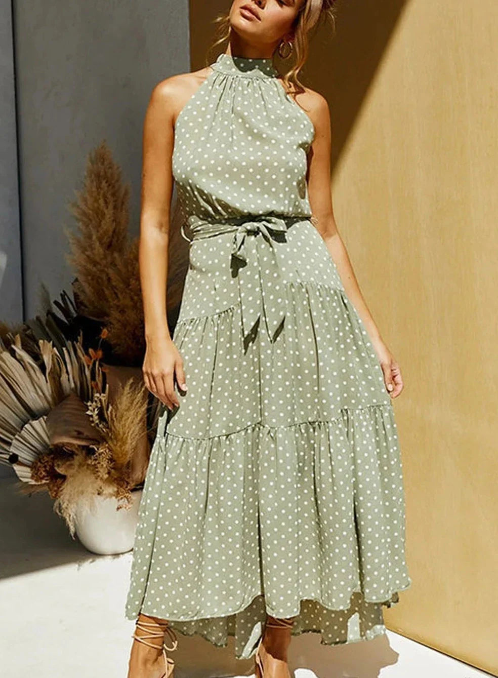 Evelyn - Long printed dress with bow at the waist