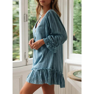 Mia - Casual V-neck flared sleeve dress with scallop trim