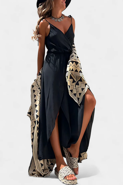 Lightweight long jumpsuit with thin straps, V-neckline and leg slits
