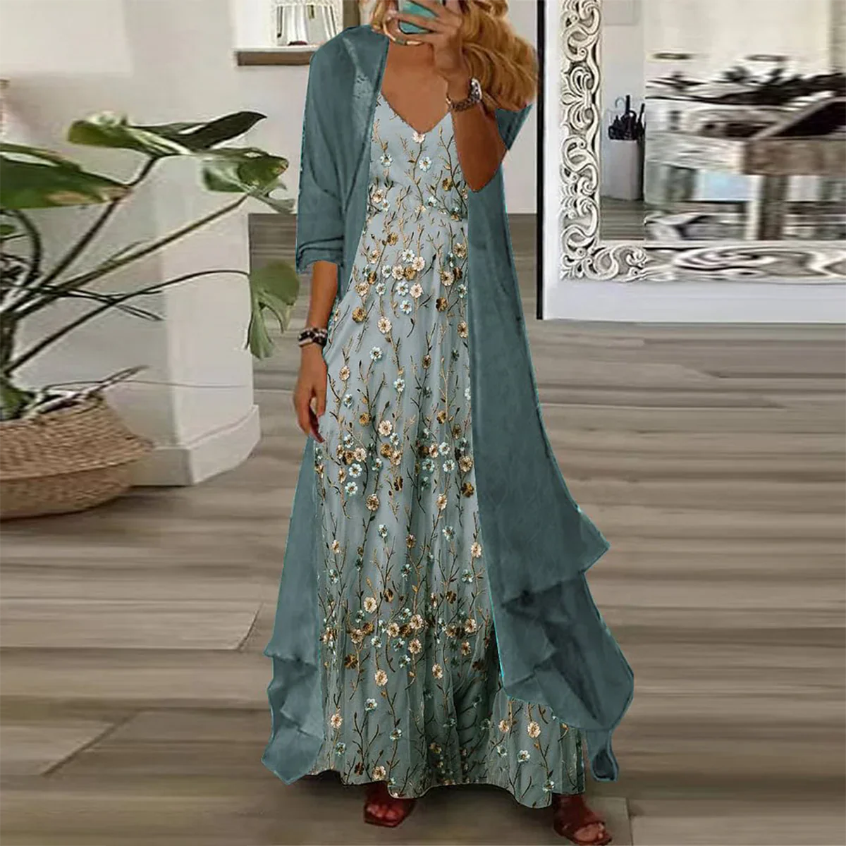 Lucia - Youthful floral print maxi dress and light jacket two-piece set