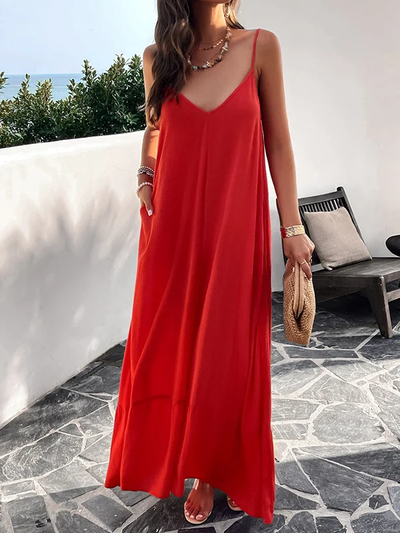 Heidy - Women's Loose Sleeveless Pleated Solid Color Split Spaghetti Neckline Long Dresses