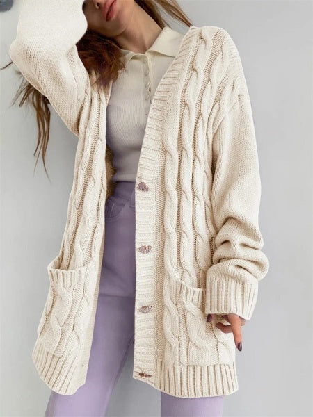 Women's Oversized Cardigan with Heart Buttons: Warm Knitted Sweater for Fall and Winter
