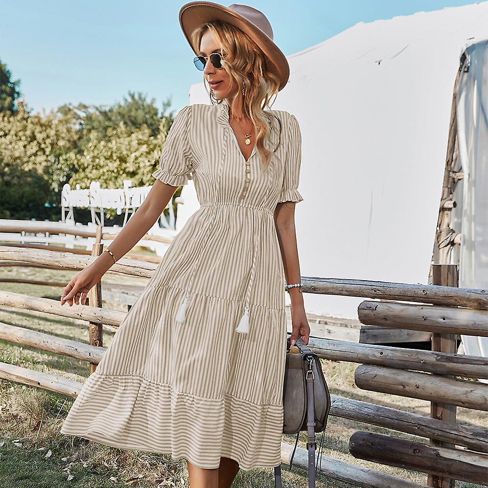Summer midi dress with stripes and short puffed sleeves