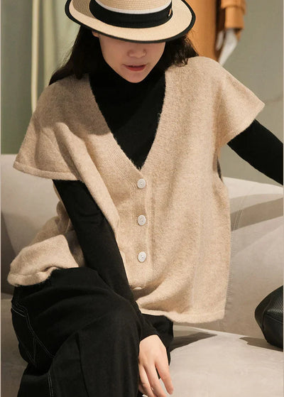 Beige Button-Down Vest with V-Neck - Short Sleeves