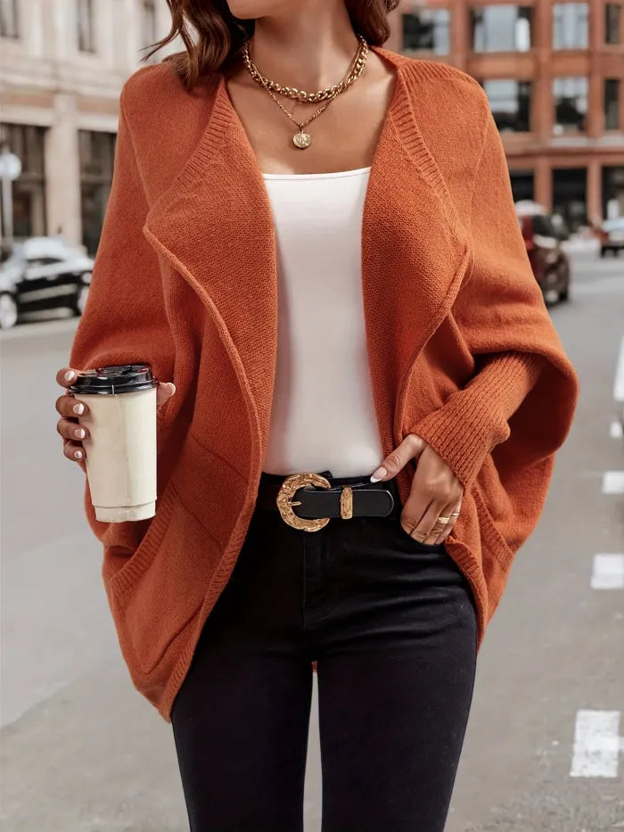 Women's Knitted Cardigan with Pockets - Casual Batwing Sleeve Jacket for Fall and Winter