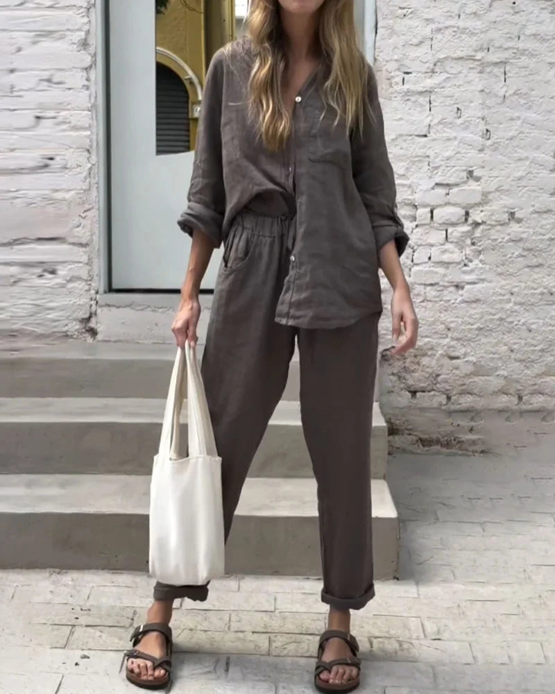 Michelle - Casual Two-Piece Cotton Linen V-Neck Top and Solid Color V-Neck Shirt Set