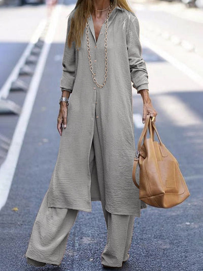 Janna - Women's Casual Solid Color Shirt and Long Pants Set