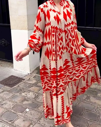 Kimy Women's Fashion, Casual, V-Neck, Long Sleeve, Printed Dress