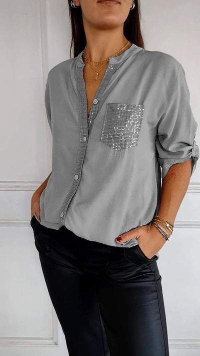 Malena - Cotton Leisure Top with V-Neck and Sequins and Mid-Length Sleeves