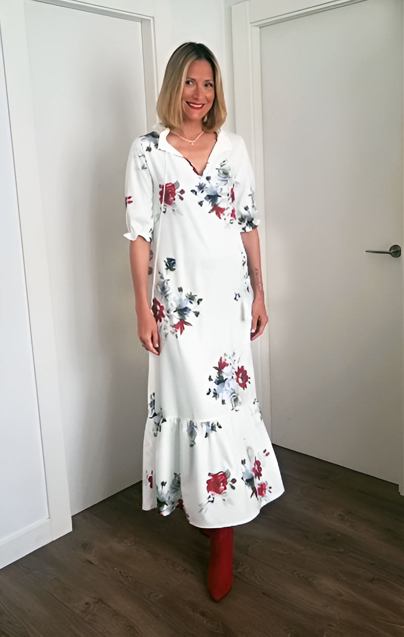 Dúnia - Long dress with print and ruffles
