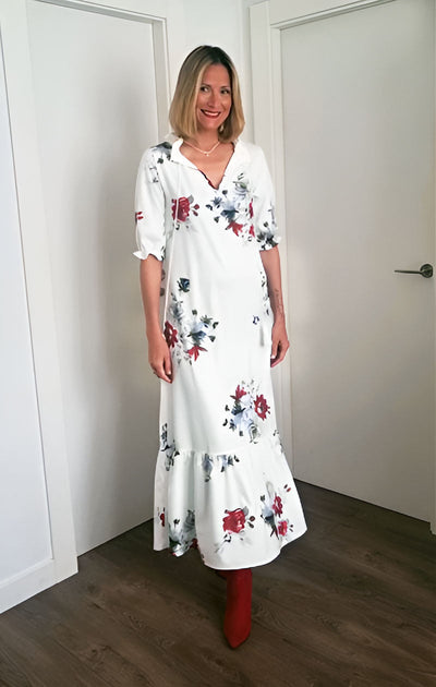 Dúnia - Long dress with print and ruffles