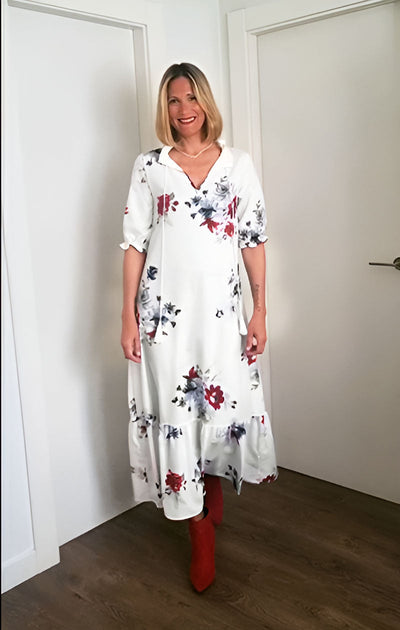 Dúnia - Long dress with print and ruffles