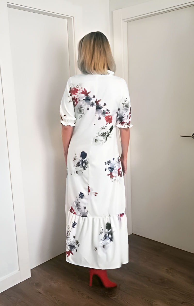 Dúnia - Long dress with print and ruffles