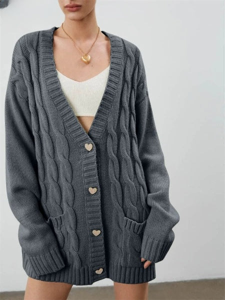 Women's Oversized Cardigan with Heart Buttons: Warm Knitted Sweater for Fall and Winter