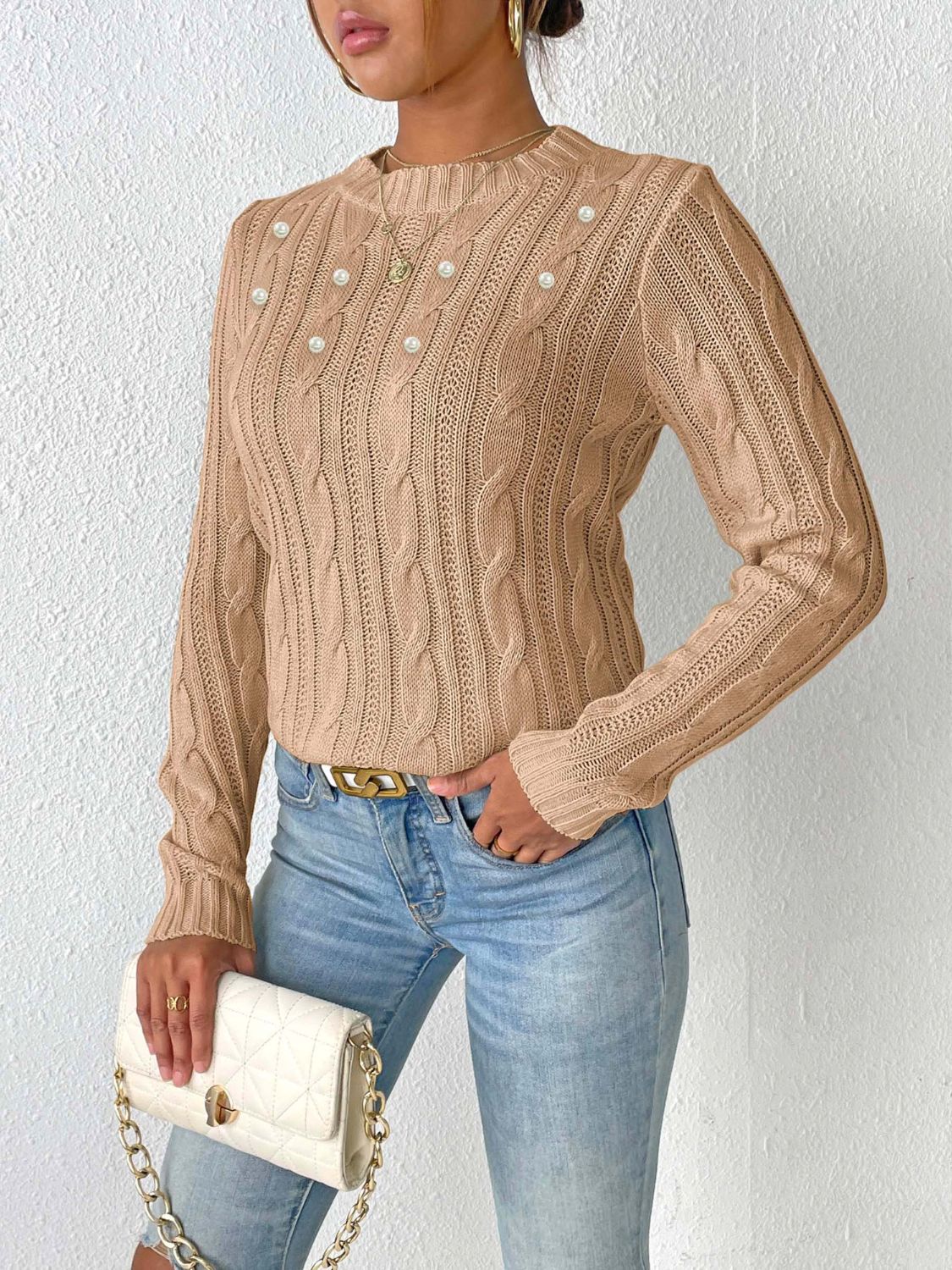 Exquisite sweater with braids and decorative beads