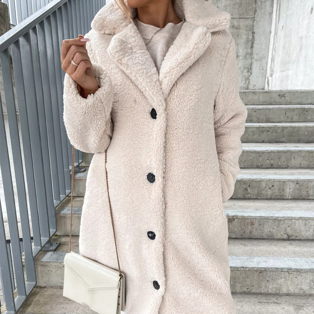 Women's Long-Sleeved Jacket with Lapel and Fur Lining, Ideal for Winter – Soft Coat