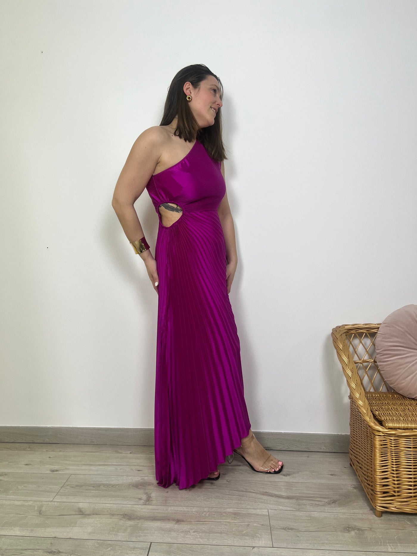 Long pleated one-shoulder dress for elegant events