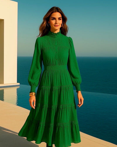 Elegant pleated midi dress with short puffed sleeves and a V-neckline