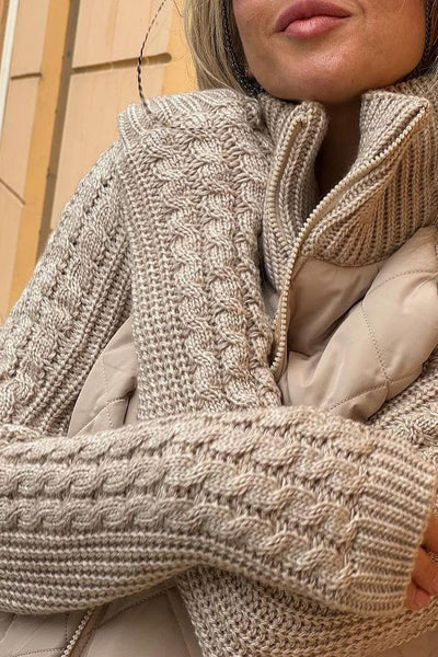 Women's casual solid color zipper jacket with contrast patchwork