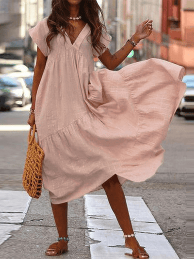 Amalie - Women's 100% Cotton V-Neck Loose Casual Plain Dress