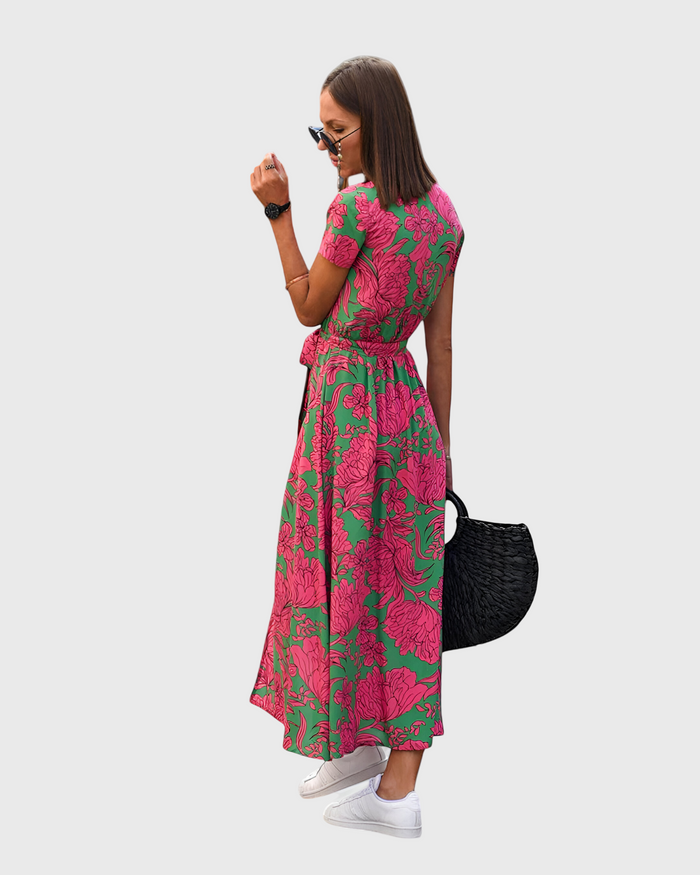 Elegant long dress with short sleeves and belt for special occasions