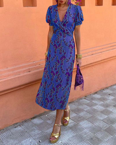 Floral print midi dress with a V-neckline, ideal for any occasion
