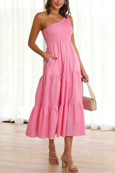 Lightweight summer midi dress with one-shoulder design and side pockets