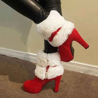 Women's Red and Black High Heel Winter Boots, Ideal for Casual Walks, Parties, and Christmas Events - Plus Sizes Available