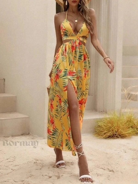 Emely - Printed dress with open back and butterfly knot detail and slit at neckline