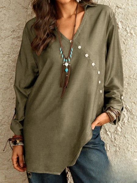 Esther Long Sleeve V-Neck Button Down Blouse