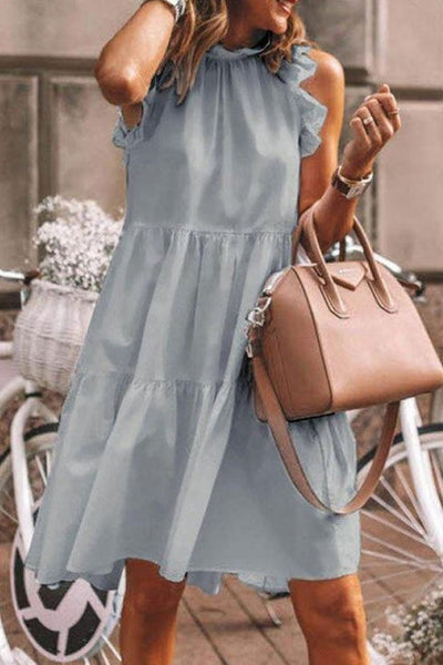 Modern and pretty patchwork dresses with fixed ruffles and A-line O-neckline