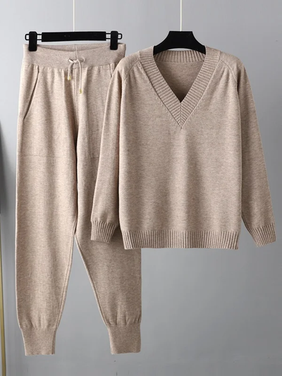 Delia Set: Comfortable Elegance with V-Neck Sweater and Harem Pants