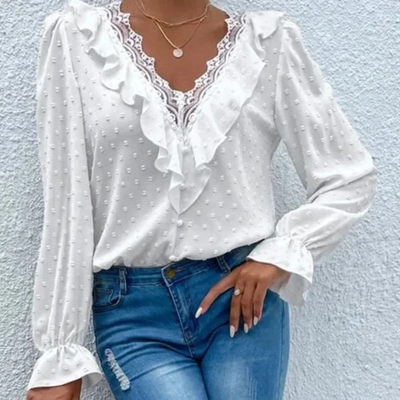 Micaela Boho Blouse with Swiss Polka Dots and Ruffled Lace