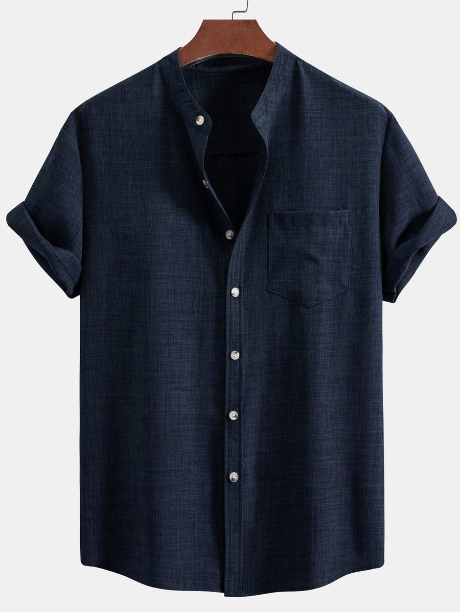 Men's set with short-sleeved mandarin collar shirt and casual straight-leg trousers