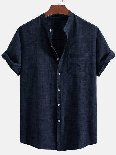 Men's set with short-sleeved mandarin collar shirt and casual straight-leg trousers
