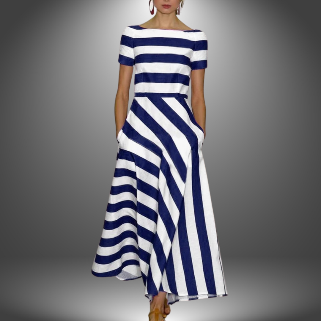 Elegant long dress with striped design and short sleeves