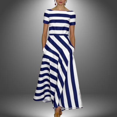 Elegant long dress with striped design and short sleeves