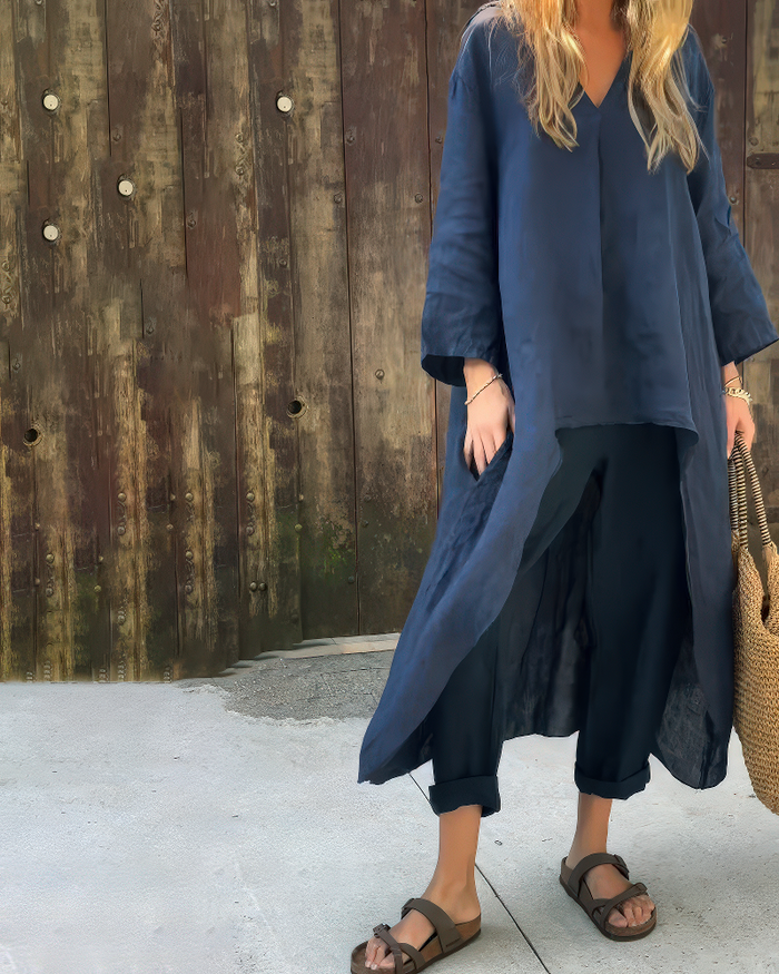 Elegant summer set for women with a long shirt and trousers