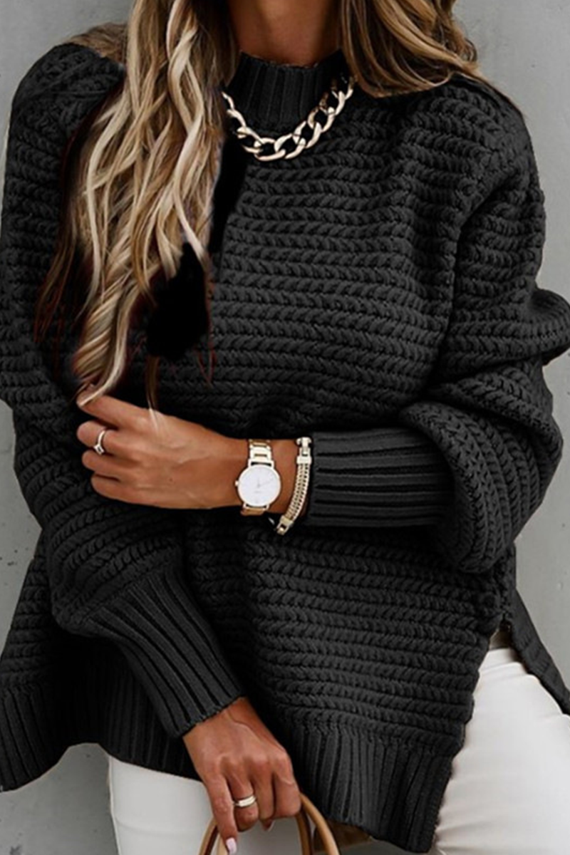 Erola - Fashion Street Solid O-Neck Slit Sweaters