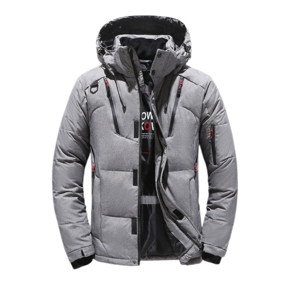 Warm winter windbreaker with hood and pockets