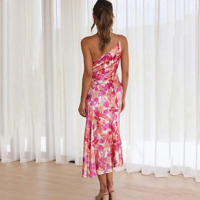 Floral print midi dress with asymmetrical one-shoulder design